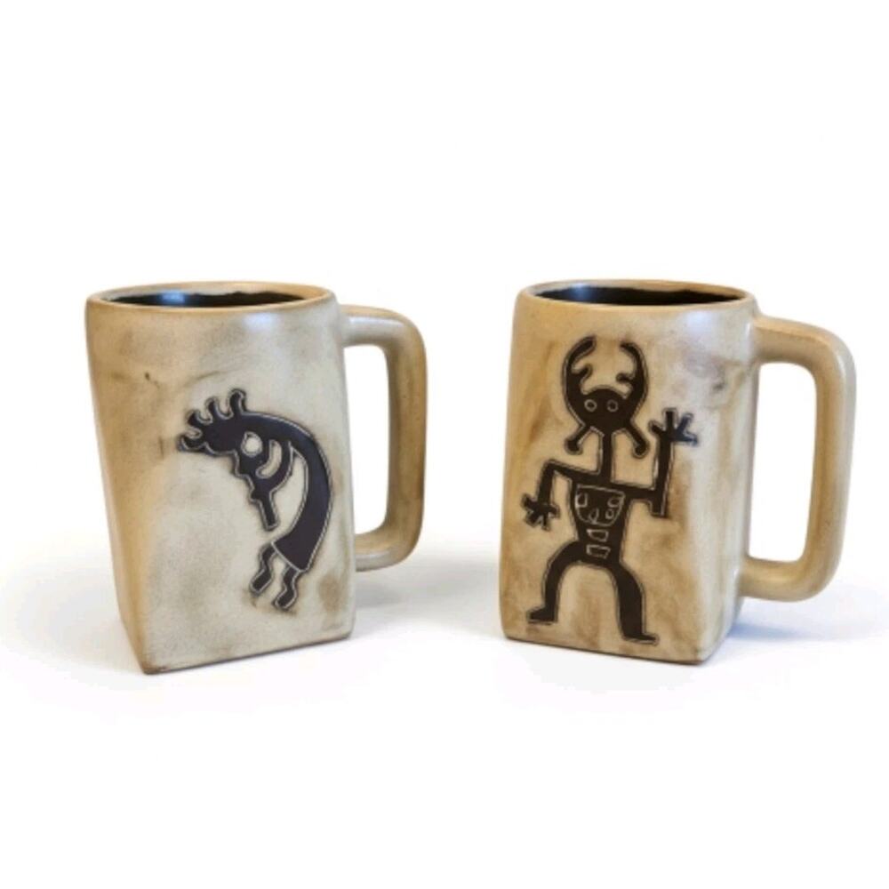 Mara Stoneware Mugs Set of 2 Kokopelli & Warrior Traditional 12 oz. Square Base